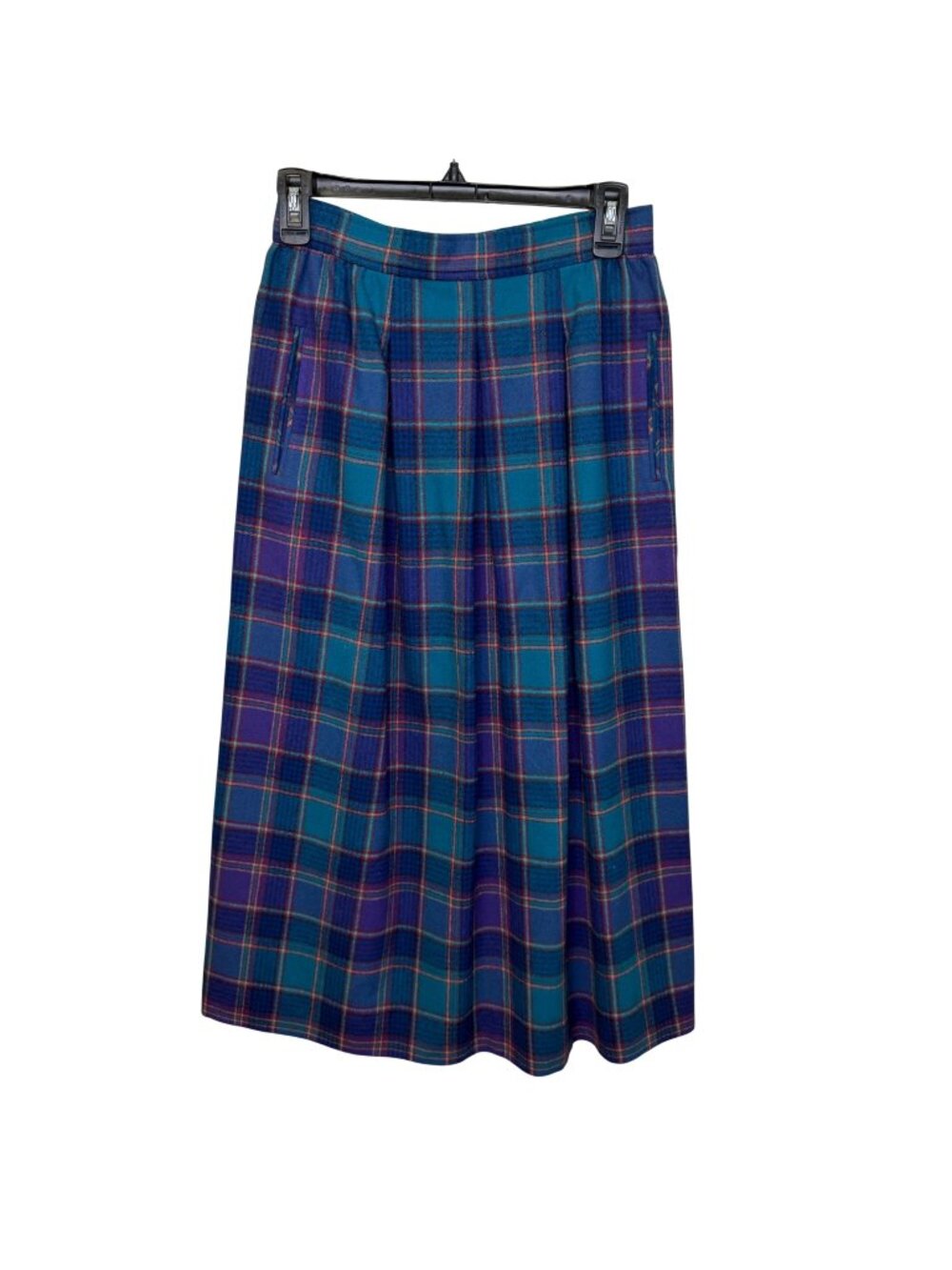 VTG Pendleton Virgin Wool Plaid Midi Skirt 1987 USA Blue Purple Size 8 Academia